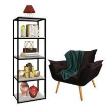 Kit Poltrona Fatte com Manta Soft Verde e Estante Livreiro Ferro Preto MDF Marmorizado Cinza Suede Marrom - Ahazzo Móveis