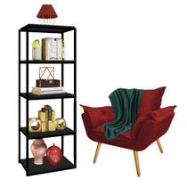 Kit Poltrona Fatte com Manta Soft Verde e Estante Livreiro Ferro Preto MDF Preto Suede Vermelho - Ahazzo Móveis