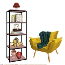 Kit Poltrona Fatte com Manta Soft Verde e Estante Livreiro Ferro Preto MDF Rose Suede Amarelo - Ahazzo Móveis