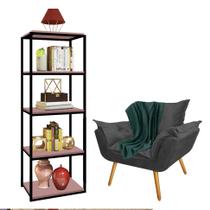 Kit Poltrona Fatte com Manta Soft Verde e Estante Livreiro Ferro Preto MDF Rose Suede Cinza - Ahz Móveis