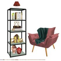 Kit Poltrona Fatte com Manta Soft Verde e Estante Livreiro Ferro Preto MDF Verde Oliva Suede Rose Gold - Ahazzo Móveis