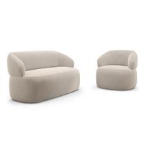 Kit Poltrona Giratória e Sofá Orgânico Living Glee 02 Lugares 140cm Veludo Bege - Abmaza