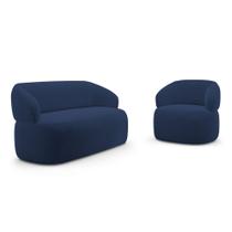 Kit Poltrona Giratória e Sofá Orgânico Living Glee 03 Lugares 170cm Veludo Azul Marinho - Abmaza