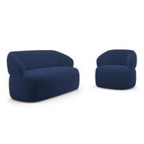 Kit Poltrona Giratória E Sofá Orgânico Living Glee 03 Lugares 170cm Veludo Azul Marinho - Abmaza