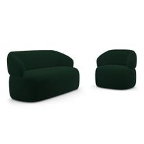 Kit Poltrona Giratória e Sofá Orgânico Living Glee 03 Lugares 170cm Veludo Verde Escuro - Desk Design