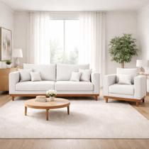 Kit Poltrona Living + Sofá 2 Lugares com Base Madeira Linho Kit Poltrona Living + Sofá 2 Lugares com Base Madeira Linho