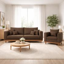 Kit Poltrona Living + Sofá 2 Lugares com Base Madeira Suede Kit Poltrona Living + Sofá 2 Lugares com Base Madeira Suede
