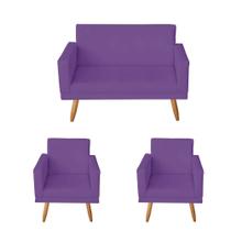 Kit Poltrona Namoradeira 2 Lugares e 2 Poltronas com Estrutura Madeira Maciça Nina Roxo Mafer