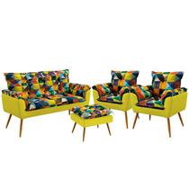 Kit Poltrona Namoradeira e 2 Poltronas Beta com Puff Lunar Sued Estampado Colorido com Amarelo Arade