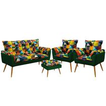 Kit Poltrona Namoradeira e 2 Poltronas Beta com Puff Lunar Suede Estampado Colorido com Verde Aradec