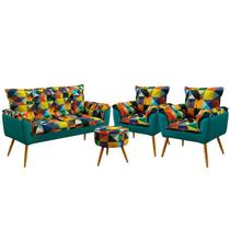 Kit Poltrona Namoradeira e 2 Poltronas Beta com Puff Solar Suede Estampado Colorido com Azul Turques