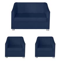 Kit Poltrona Namoradeira e 2 Poltronas Decorativa 68 cm Tilla Azul Marinho - Mafer