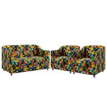 Kit Poltrona Namoradeira e 2 Poltronas Decorativa Para Sala De Estar Alya Sued Estampado Colorido Aradecor