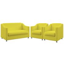 Kit Poltrona Namoradeira e 2 Poltronas Decorativas Almofadadas Alya Sued Amarelo Aradecor