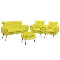 Kit Poltrona Namoradeira e 2 Poltronas Decorativas Almofadadas Beta Puff Lunar Sued Amarelo Aradecor