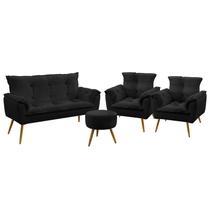 Kit Poltrona Namoradeira e 2 Poltronas Decorativas Almofadadas Beta Puff Solar Sued Preto Aradecor