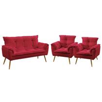 Kit Poltrona Namoradeira e 2 Poltronas Decorativas Almofadadas Opala Sued Vermelho Aradecor