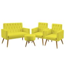 Kit Poltrona Namoradeira e 2 Poltronas Decorativas Almofadas Nina Com Rodapé E Capitonê Puff Solar Sued Amarelo Aradecor