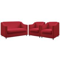 Kit Poltrona Namoradeira e 2 Poltronas Decorativas Alya Sued Vermelho Aradecor