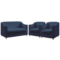 Kit Poltrona Namoradeira e 2 Poltronas Decorativas Alya Suede Azul Marinho Aradecor