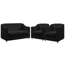 Kit Poltrona Namoradeira e 2 Poltronas Decorativas Alya Suede Preto Aradecor