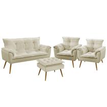 Kit Poltrona Namoradeira e 2 Poltronas Decorativas Beta Puff Lunar Sued Bege Aradecor