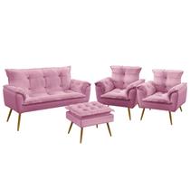 Kit Poltrona Namoradeira e 2 Poltronas Decorativas Beta Puff Lunar Suede Rosê Aradecor