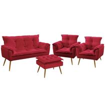 Kit Poltrona Namoradeira e 2 Poltronas Decorativas Estofada Beta Puff Lunar Sued Vermelho Aradecor