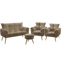 Kit Poltrona Namoradeira e 2 Poltronas Decorativas Estofada Beta Puff Solar Sued Capuccino Aradecor
