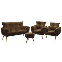 Kit Poltrona Namoradeira e 2 Poltronas Decorativas Estofada Beta Puff Solar Sued Marrom Aradecor