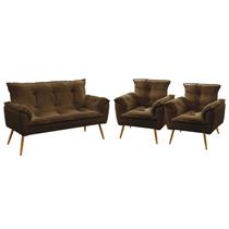 Kit Poltrona Namoradeira e 2 Poltronas Decorativas Estofada Beta Sued Marrom Aradecor