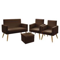 Kit Poltrona Namoradeira e 2 Poltronas Decorativas Estofada Nina Rodapé e Puff Quasar Couro Marrom Aradecor