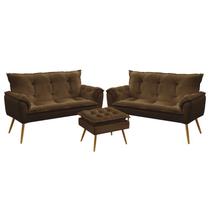 Kit Poltrona Namoradeira e 2 Poltronas Decorativas Estofada Para Sala De Estar Beta Puff Lunar Sued Marrom Aradecor