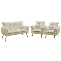 Kit Poltrona Namoradeira e 2 Poltronas Decorativas Estofada para Sala de Estar Beta Sued Bege Aradec