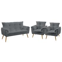 Kit Poltrona Namoradeira e 2 Poltronas Decorativas Estofada para Sala de Estar Beta Sued Cinza Arade