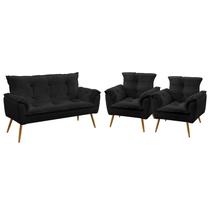Kit Poltrona Namoradeira e 2 Poltronas Decorativas Estofada para Sala de Estar Beta Sued Preto Arade