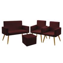 Kit Poltrona Namoradeira e 2 Poltronas Decorativas Estofada Para Sala De Estar Vega com Puff Quasar Sued Bordô Aradecor