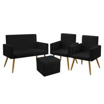 Kit Poltrona Namoradeira e 2 Poltronas Decorativas Estofada Para Sala De Estar Vega com Puff Quasar Sued Preto Aradecor