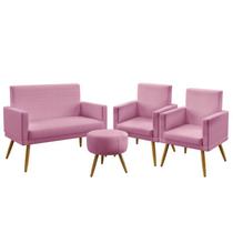 Kit Poltrona Namoradeira e 2 Poltronas Decorativas Estofada Sala De Estar Nina Com Rodapé Puff Solar Sued Rosê Aradecor