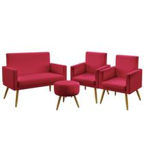 Kit Poltrona Namoradeira e 2 Poltronas Decorativas Estofada Sala De Estar Nina Rodapé Puff Solar Sued Vermelho Aradecor
