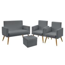 Kit Poltrona Namoradeira e 2 Poltronas Decorativas Estofada Vega Com Rodapé com Puff Quasar Sued Cinza Aradecor