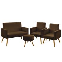 Kit Poltrona Namoradeira e 2 Poltronas Decorativas Estofada Vega Com Rodapé Puff Solar Sued Marrom Aradecor