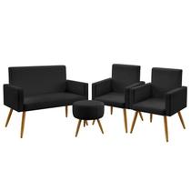 Kit Poltrona Namoradeira e 2 Poltronas Decorativas Estofada Vega Puff Solar Couro Preto Aradecor