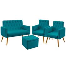 Kit Poltrona Namoradeira e 2 Poltronas Decorativas Nina Capitonê com Puff Quasar Sued Azul Turquesa Aradecor