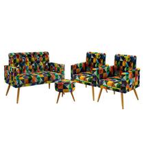 Kit Poltrona Namoradeira e 2 Poltronas Decorativas Nina Capitonê com Puff Solar Sued Estampado Colorido Aradecor Kit Poltrona Namoradeira e 2 Poltronas Decorativas Nina Capitonê com Puff Solar Sued Estampado Colorido Aradecor