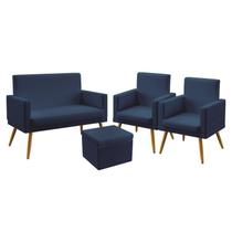 Kit Poltrona Namoradeira e 2 Poltronas Decorativas Nina Com Rodapé com Puff Quasar Sued Azul Marinho Aradecor