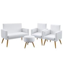 Kit Poltrona Namoradeira e 2 Poltronas Decorativas Nina Com Rodapé Puff Solar Couro Branco Aradecor