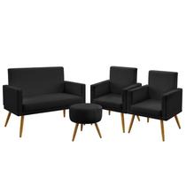 Kit Poltrona Namoradeira e 2 Poltronas Decorativas Nina Com Rodapé Puff Solar Sued Preto Aradecor