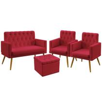 Kit Poltrona Namoradeira e 2 Poltronas Decorativas Nina Rodapé E Capitonê com Puff Quasar Botões Suede Vermelho Aradecor