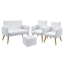 Kit Poltrona Namoradeira e 2 Poltronas Decorativas Nina Rodapé e Puff Quasar Couro Branco Aradecor Kit Poltrona Namoradeira e 2 Poltronas Decorativas Nina Rodapé e Puff Quasar Couro Branco Aradecor